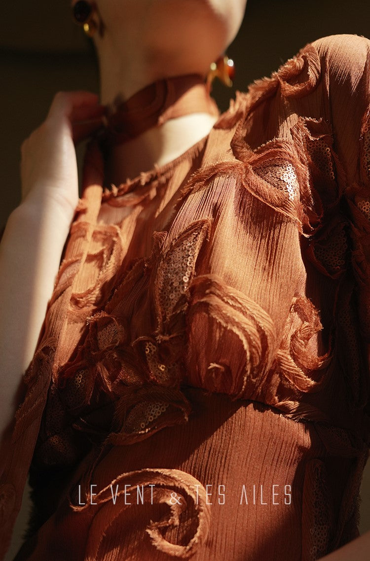 LE VENT&TES AILES Luxury French Disc Embroidered Sequin 3d Vintage brown Dress - LINA