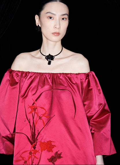 M essential Mackay designer red goldfish bead off shoulder top pleated skirt set- plum.