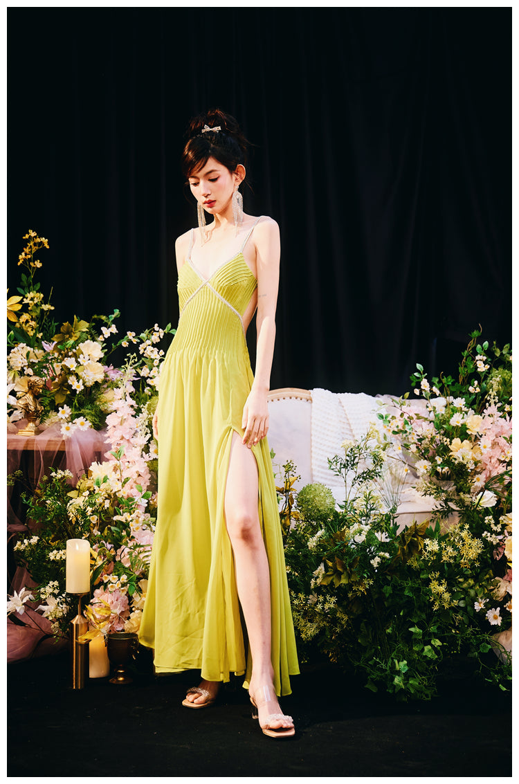 DOLLY Elegant Green V-Neck Sleeveless Slim Fit Backless Slit Resort Dress-JUN