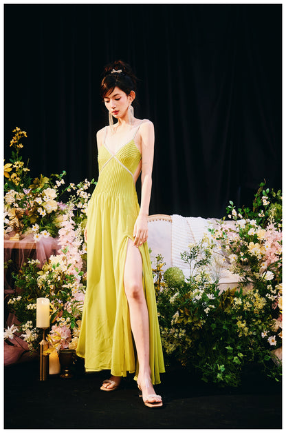 DOLLY Elegant Green V-Neck Sleeveless Slim Fit Backless Slit Resort Dress-JUN