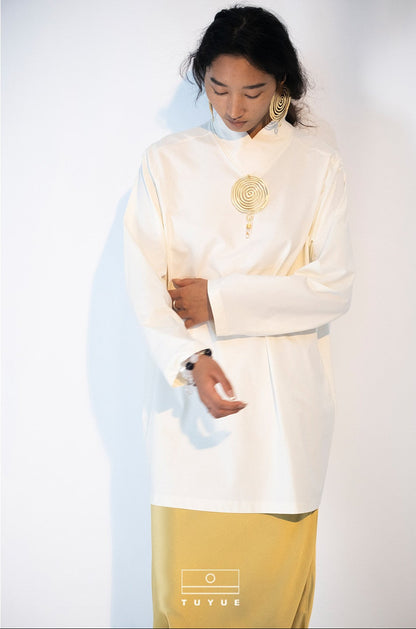 TUYUE White Hanjiao Collar Embroidery Mid-Length Cotton T-Shirt - CYNTHIA.