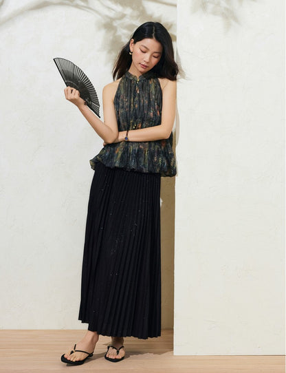 SUSHE Light Chinese smudge halter neck off-the-shoulder chiffon top -TESS