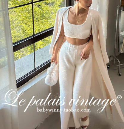 Le Palais Vintage Luxury White Fur Hand bag Plush Vest High Waist Wide-leg Pants Suit-Sonia