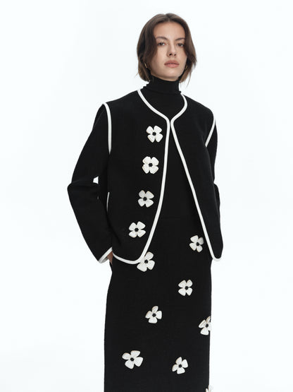 SERRER White leather flower studded black wool coat - LIAM.