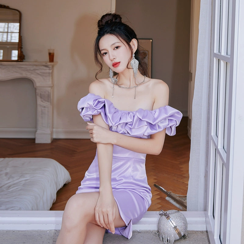 DOLLY Elegant Satin Ruffled Off Shoulder Tube Top Sim Fit Date Dress-AINSELY