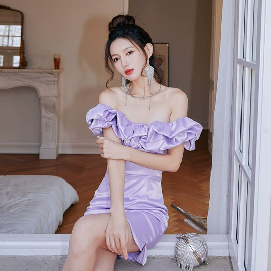 DOLLY Elegant Satin Ruffled Off Shoulder Tube Top Sim Fit Date Dress-AINSELY