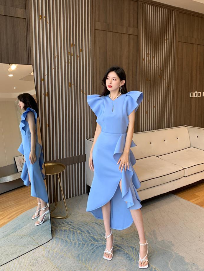 DOLLY Luxury V-Neck Short Sleeve High waist Slim Fit Irregular Hem Date Dress-LISA