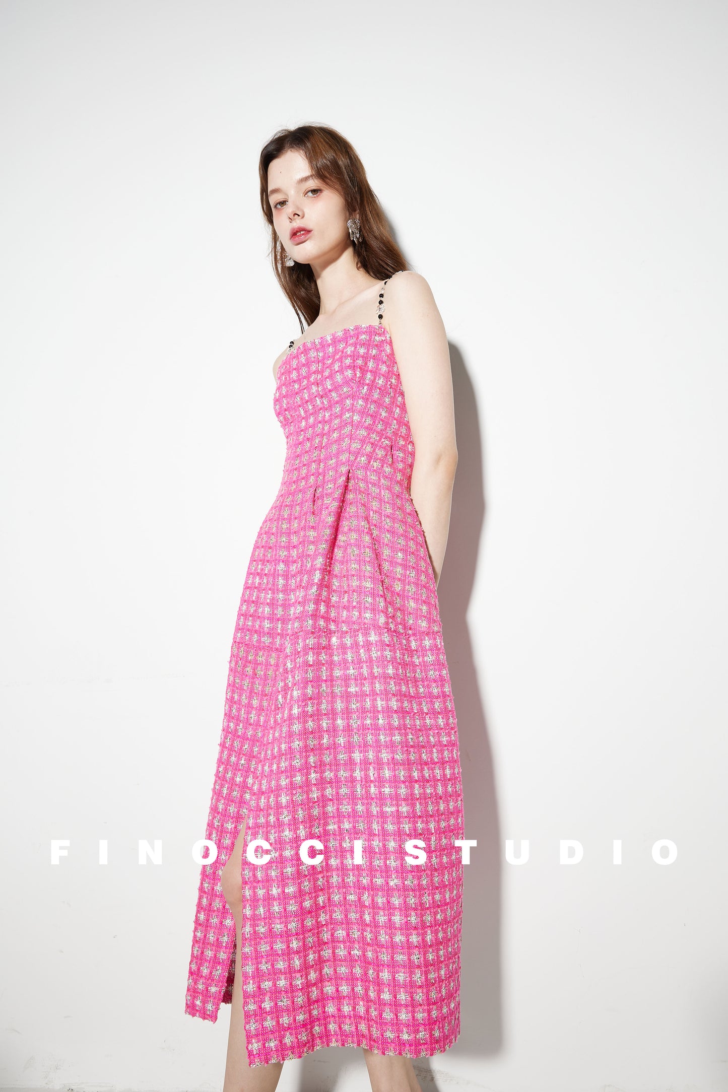 Pink Tweed Delicate Sequins Flat Beaded dress - Cueiw