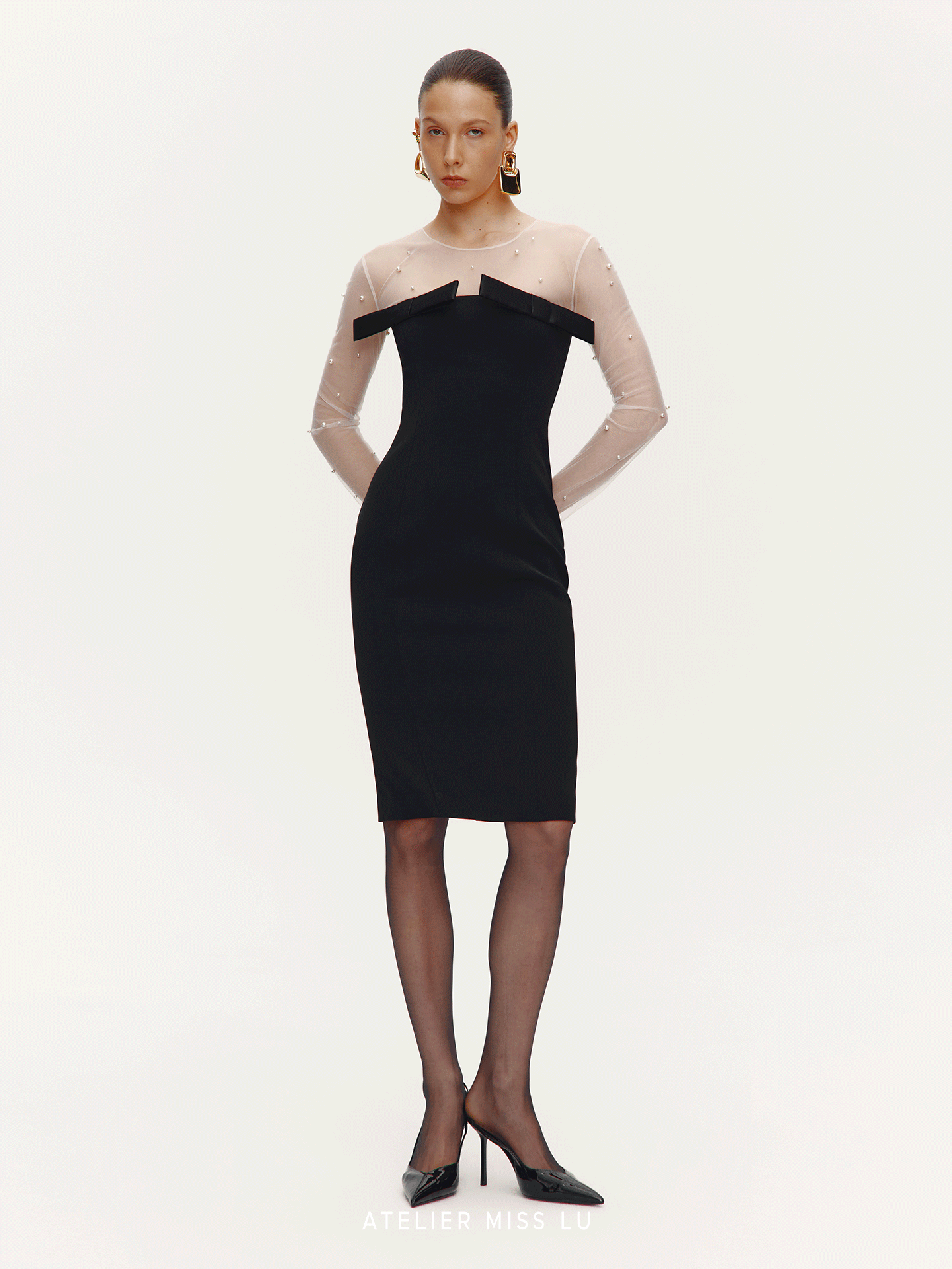 ATELIER MISS LU[Pearl Star] Fall/Winter Pearl Stitched Bow Waist Dress - JAGULAR.