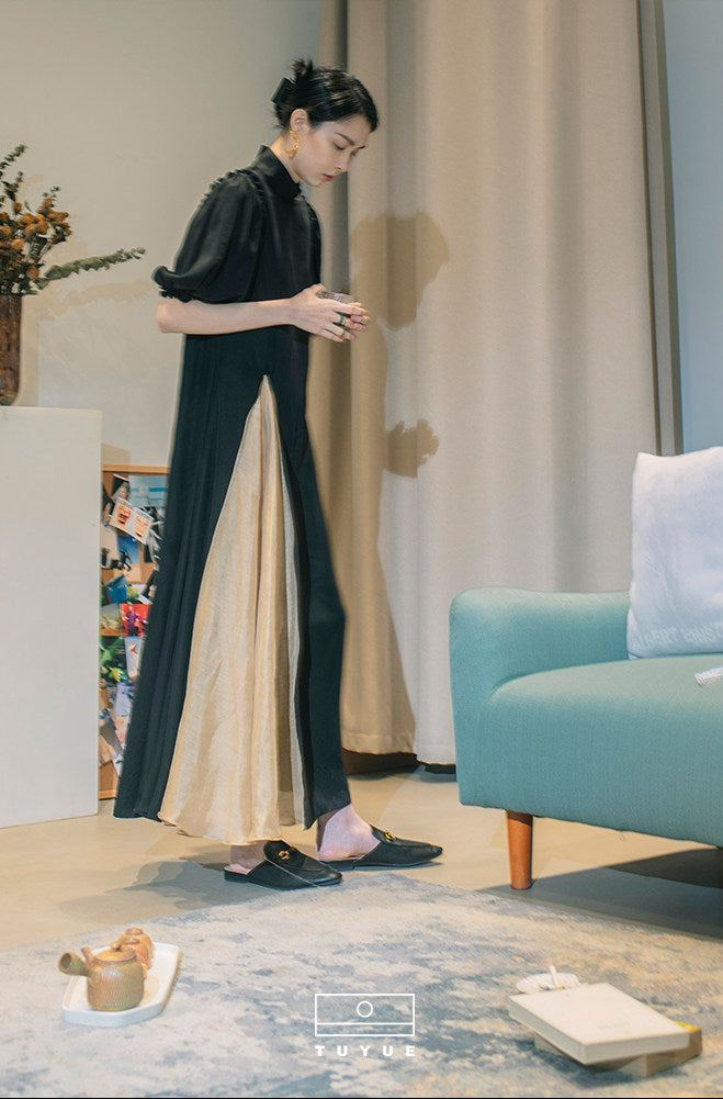TUYUE black puff sleeve improved cheongsam dress- FERDINAND.