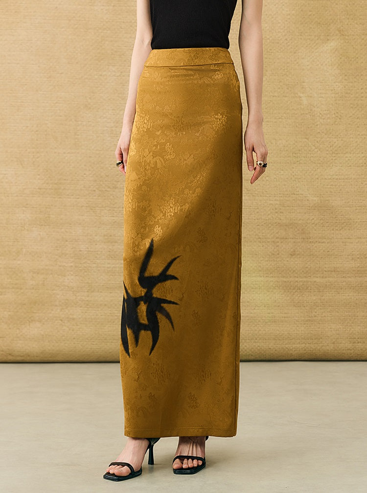 HECO Chinese high-end acetate bamboo feminine temperament printed slit skirt - COLT.