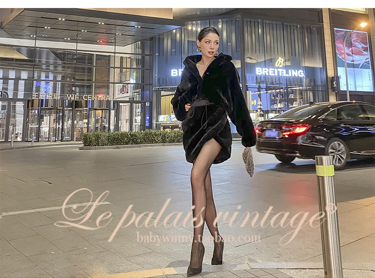 Le Palais Vintage Black Long Sleeves Short Faux Fur Coat and Dinner Skirt Suit-Selena.