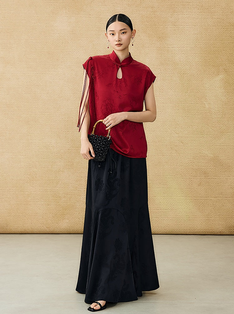 HECO Chinese Peony Buckle Short Sleeve Acetate Tassel Top - TEACH .