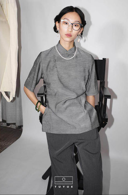 TUYUE Chinese Gray Slim Handmade Buckle Short Sleeve Top - HICKS.