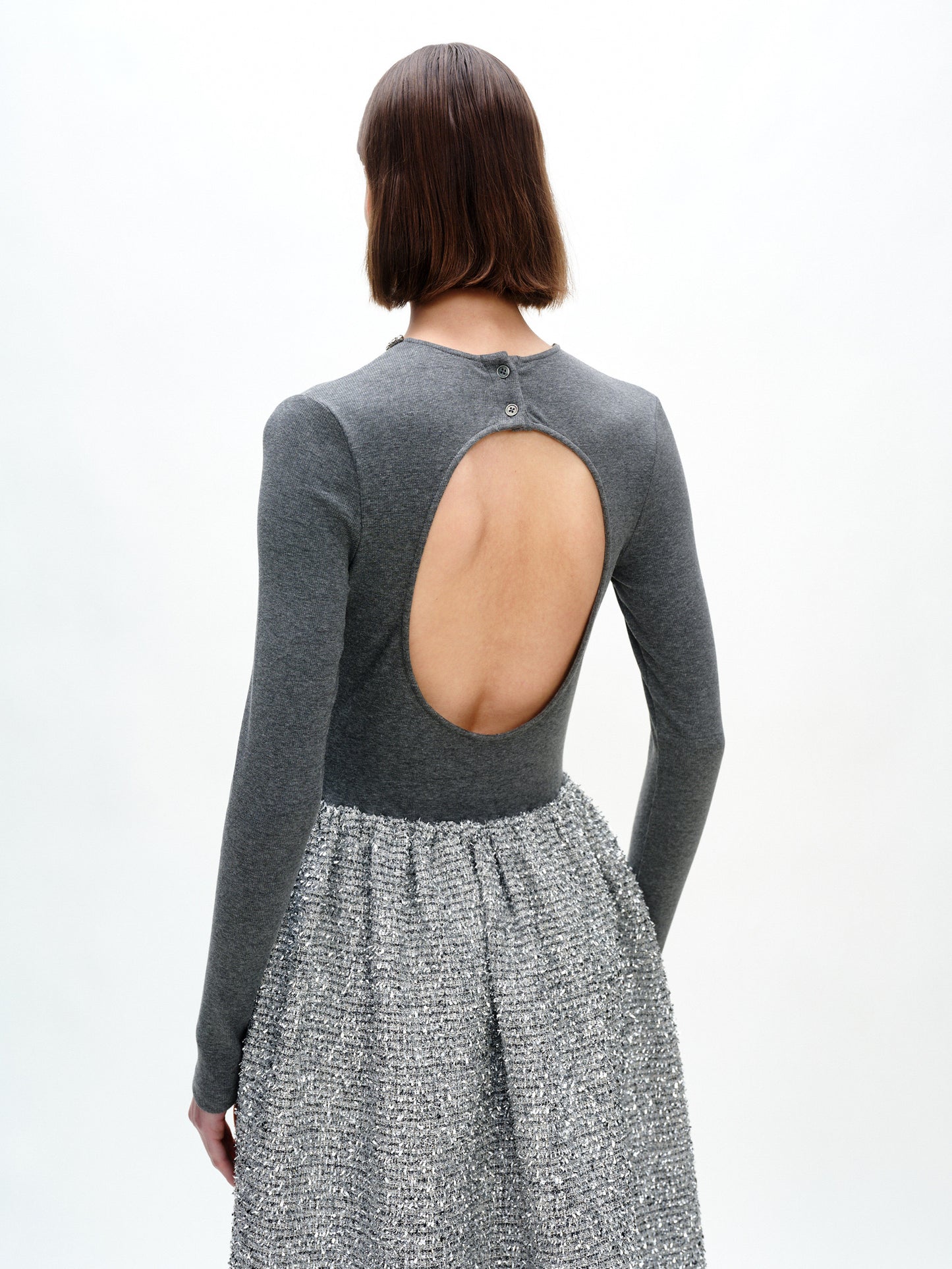 SERRER Grey knitted paneled diamond-encrusted backless dress - ETHAN.