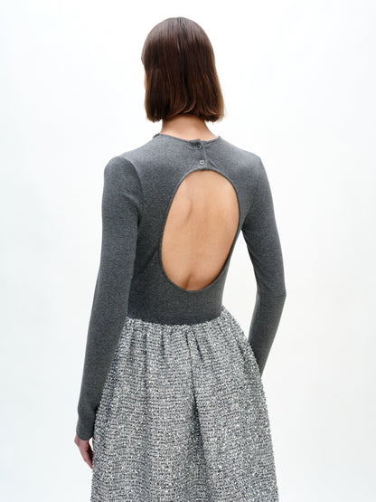 SERRER Grey knitted paneled diamond-encrusted backless dress - ETHAN.