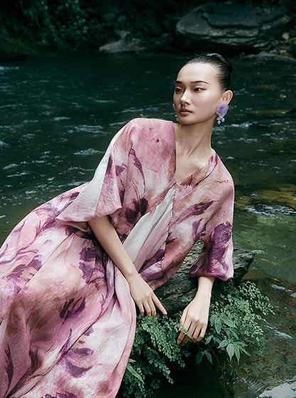 HECO Chinese Silk V-neck Dress Summer Elegant Floral Slim Long dress - GINE .