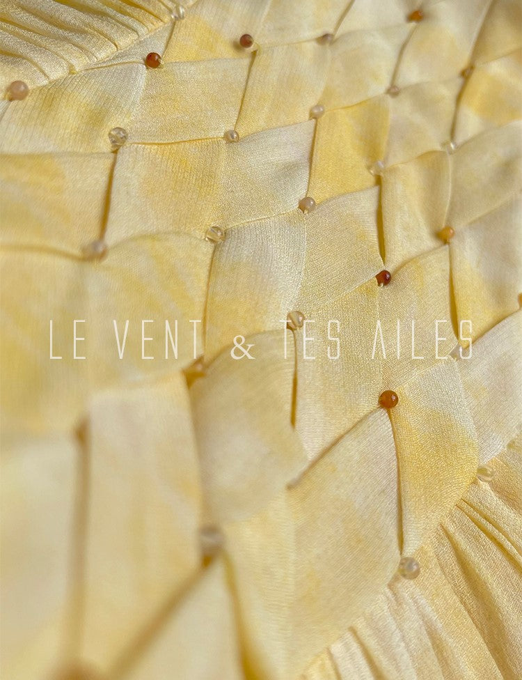 LE VENT&TES AILES 100% Silk French Haute Smudge V-Neck midi yellow Dress - FAYE