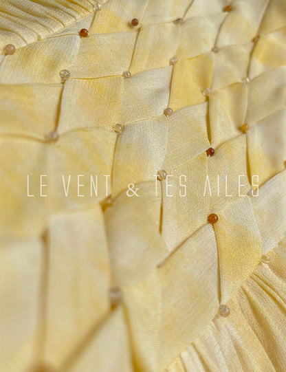 LE VENT&TES AILES 100% Silk French Haute Smudge V-Neck midi yellow Dress - FAYE