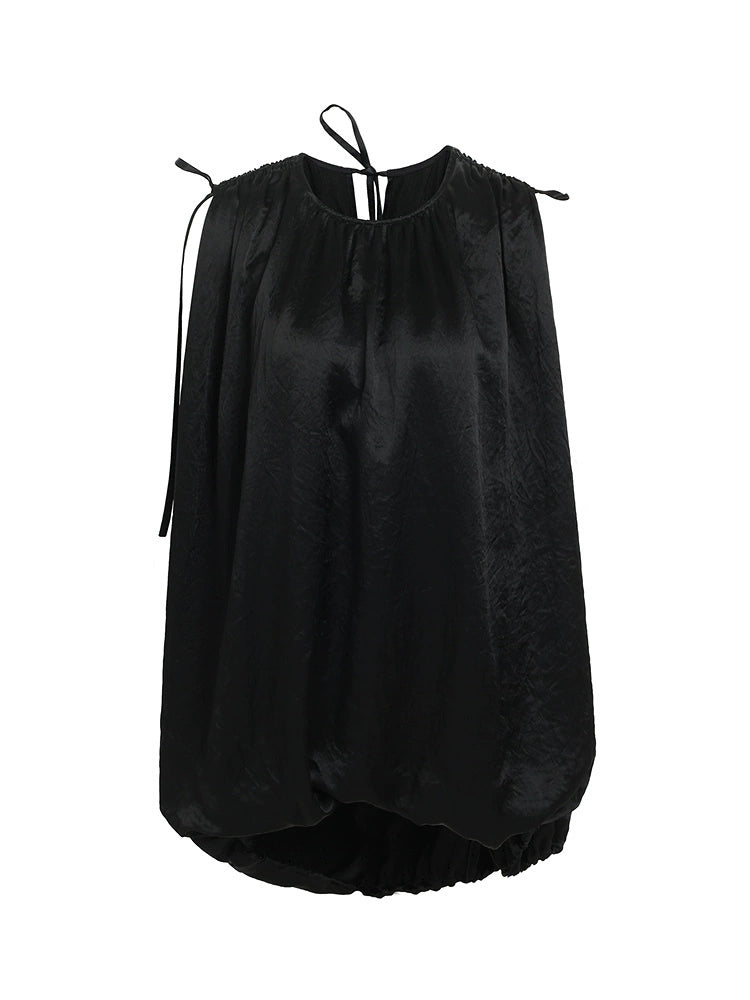 ZHUCHONGYUN Black Fiber Satin Adjustable Lace-up Loose Top--UNAKA.