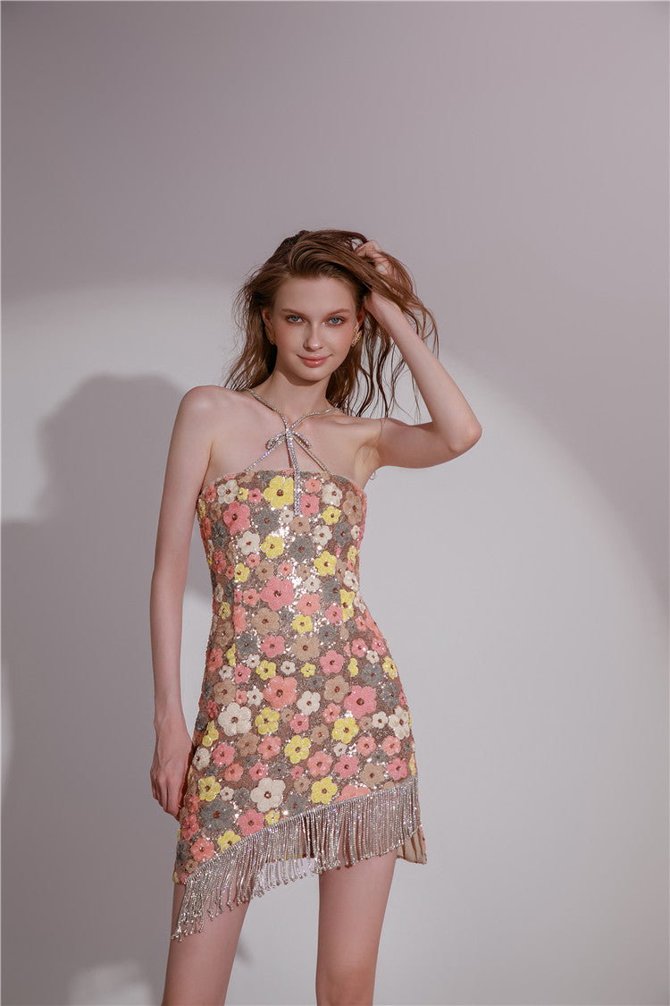 Wardrobes by Chen HighEnd Halter Diamond Tassel  sequin cocktail dress-Jam