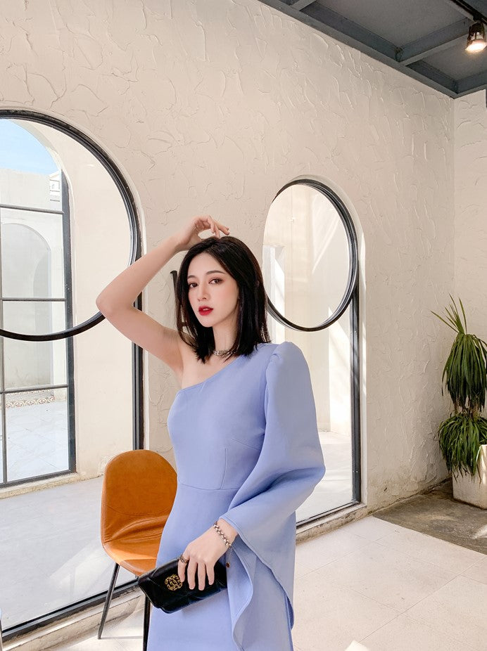 DOLLY Elegant One Shoulder Long Trumpet Sleeve Slim Fit Wedding Guest Dress-MALA