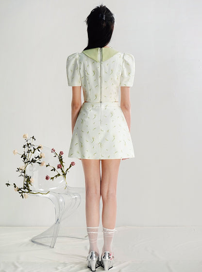 CHECOCRE Cute Bow Pocket Pearl Chain Embroidered  White Suit Set- SETO