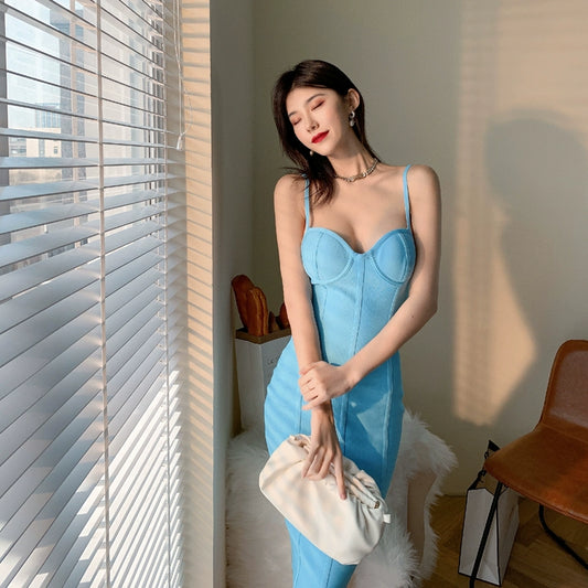 DOLLY Elegant Blue Deep V-Neck Sleeveless Knitted Body Hug Party Dress-KAREN