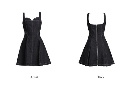 TINY IN topstitched denim women's summer short black dress -DAZE