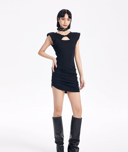 TINY IN wide-shouldered cut-out pleated short dress -ADE
