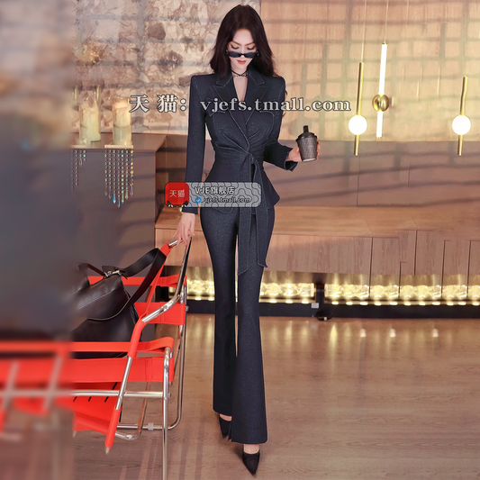 VJE Cut Jacket Slacks Two-Piece Set  Denim Suit -MILO.