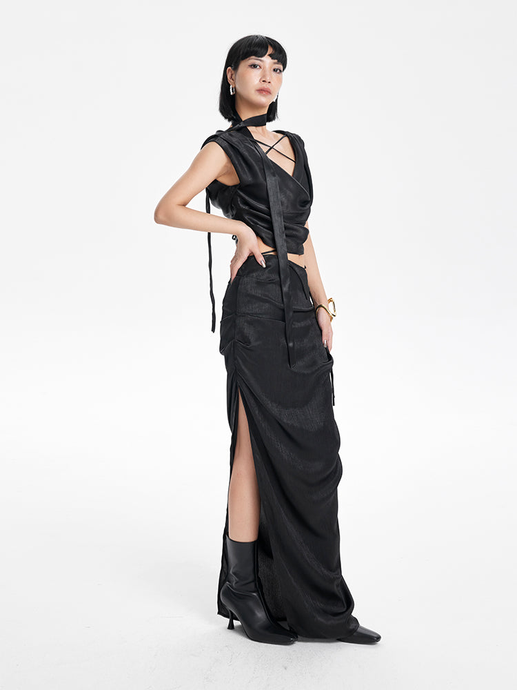 TINY IN Irregular Streamer Swing Neck Pleated Top - OSCA