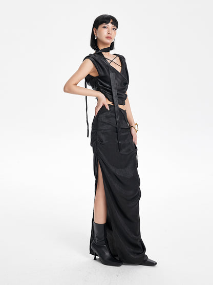 TINY IN Irregular Streamer Swing Neck Pleated Top - OSCA