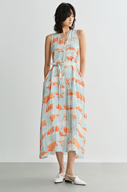 COMME MOI Lv Yan Designer Summer Women's V-Neck Sleeveless Resort Print Dress - OLIVIA.