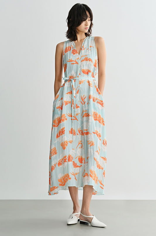 COMME MOI Lv Yan Designer Summer Women's V-Neck Sleeveless Resort Print Dress - OLIVIA.