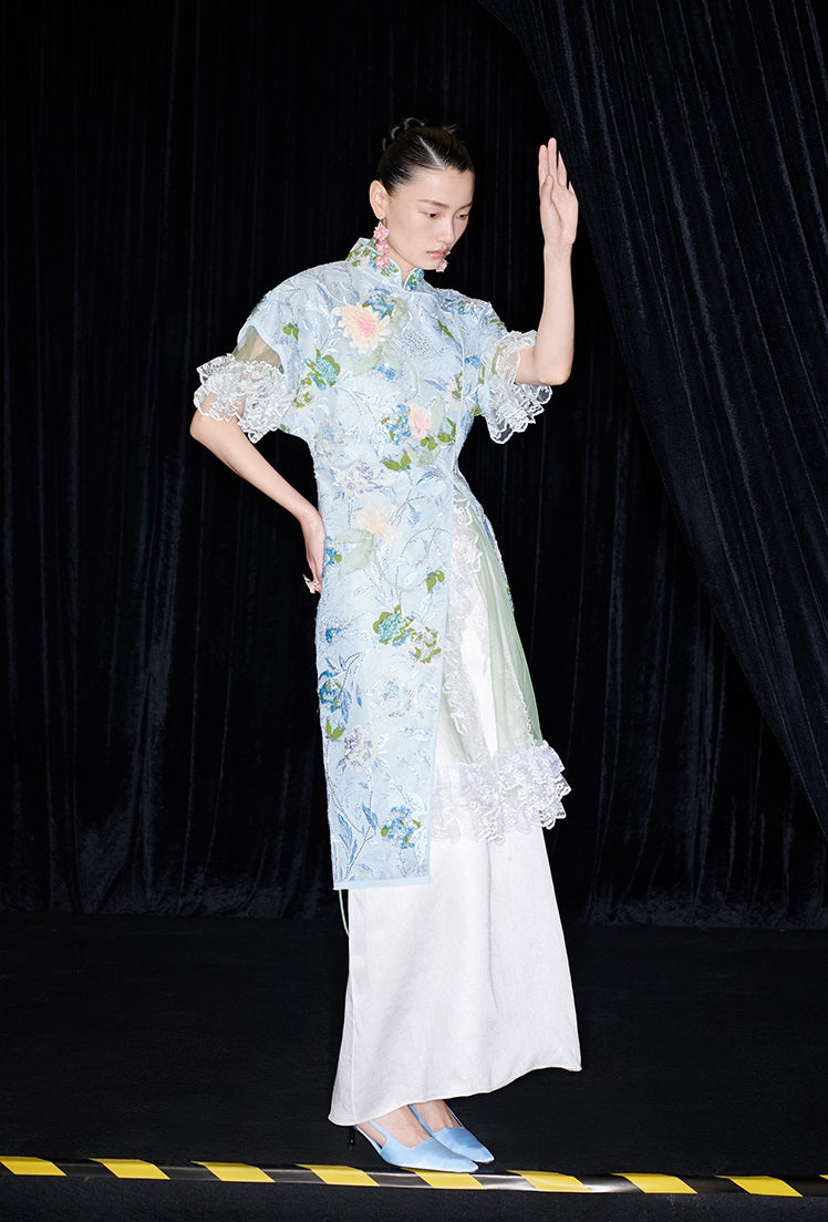 M essential Mackay designer Jiyi embroidery silk hand-dyed embroidered maxi dress - BAM.