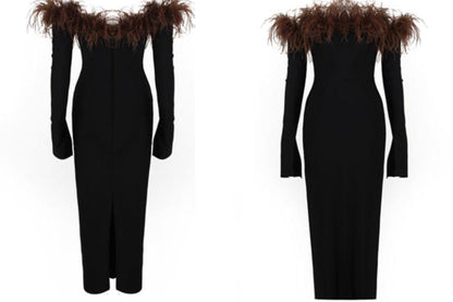 DOLLY High End Black Off Shoulder Long Sleeve Brown Feather Tube Top Dress-ADINA