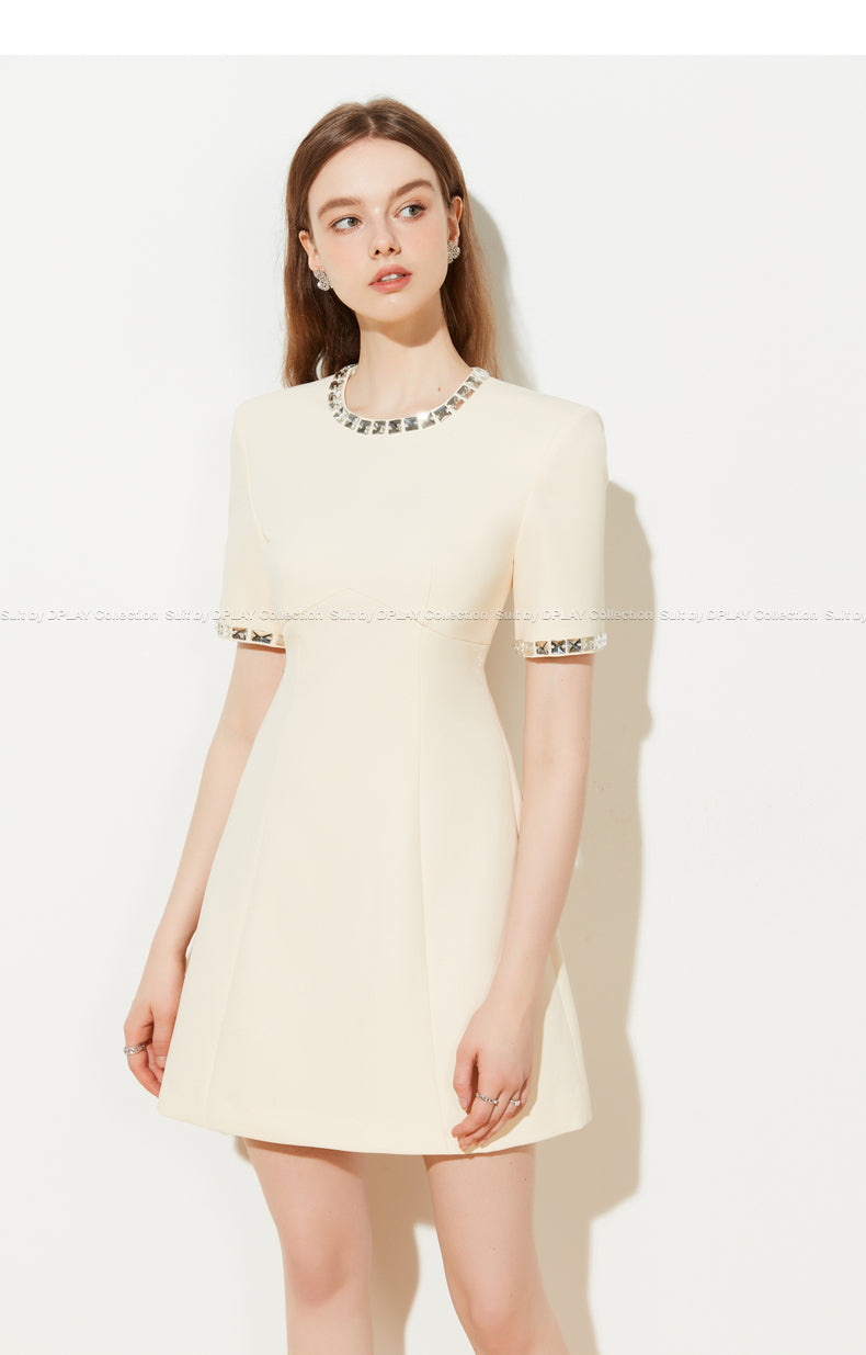 Light luxury hand-stitched square necklin cream short dress - Tilva