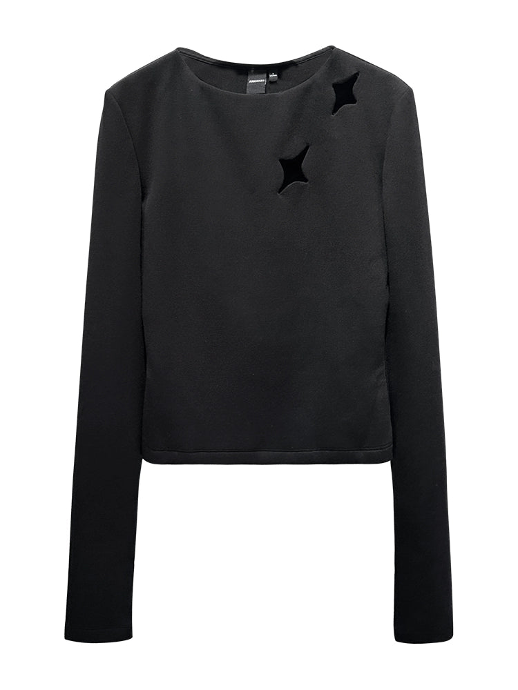 ANNAKIKI women's black openwork four-pointed star long-sleeved T-shirt-SOPHIE