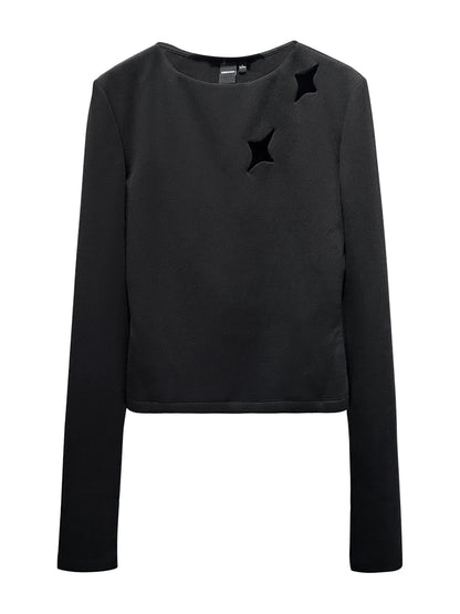 ANNAKIKI women's black openwork four-pointed star long-sleeved T-shirt-SOPHIE