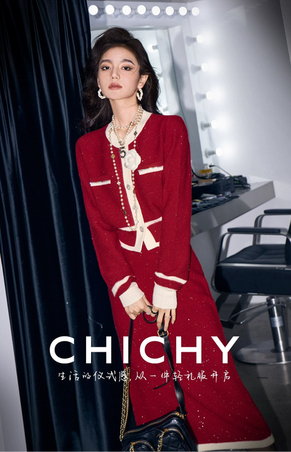 CHICHY classic red knitted cardigan half-length skirt two-piece set-BEN