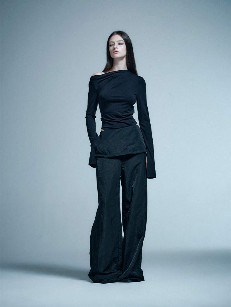 ANNAKIKI Black shoulder pleated slit long sleeve women bodysuit tops-REN