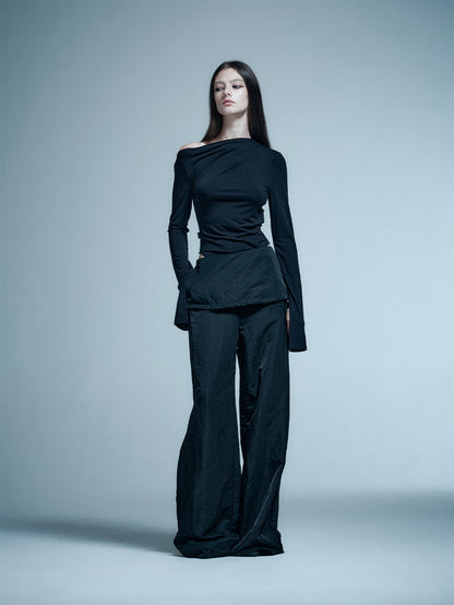 ANNAKIKI Black shoulder pleated slit long sleeve women bodysuit tops-REN