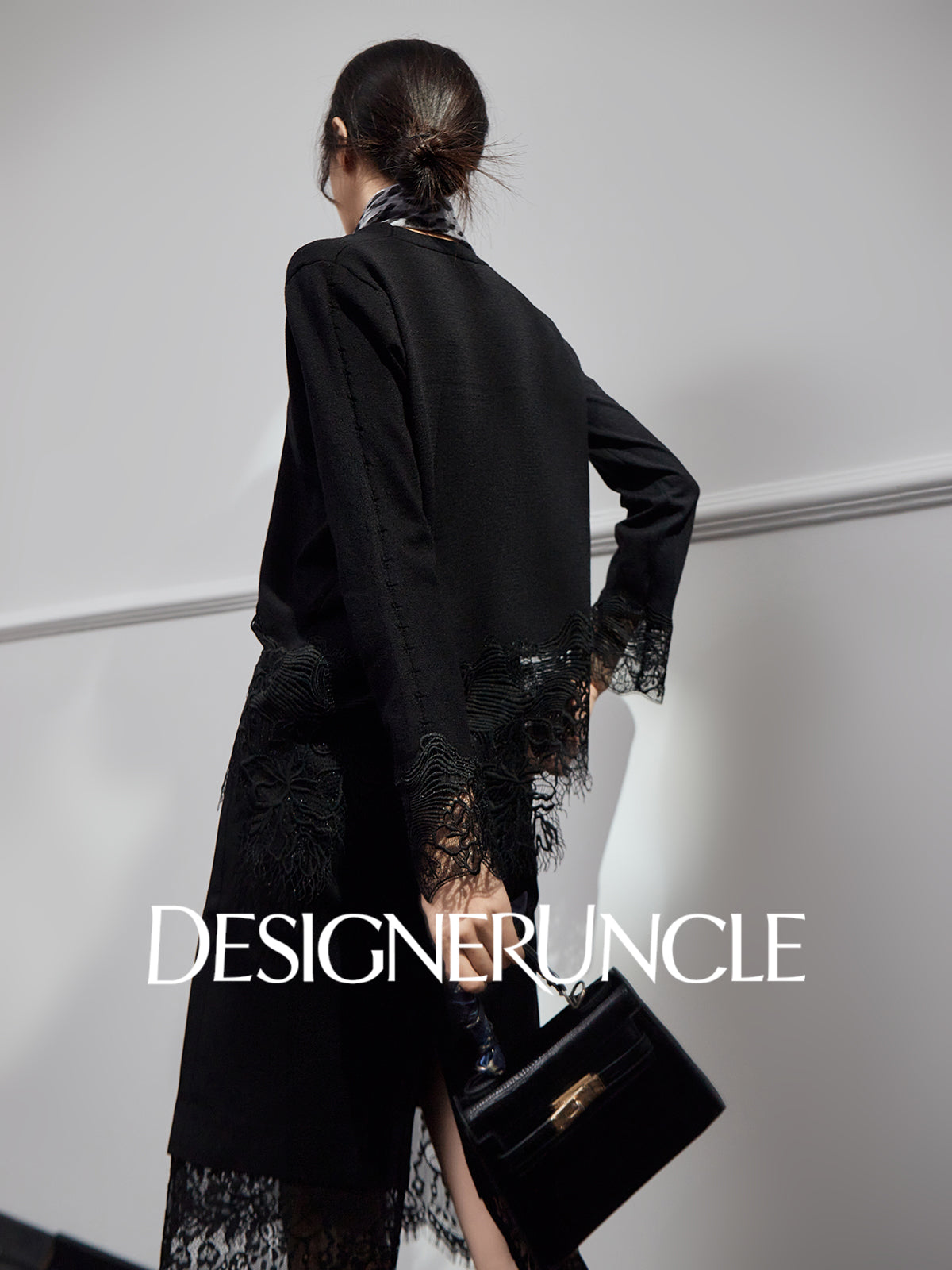 DGU Black Suit V-Neck Lace Patchwork Dress Knitted Top Two-Piece Set - FIRE.