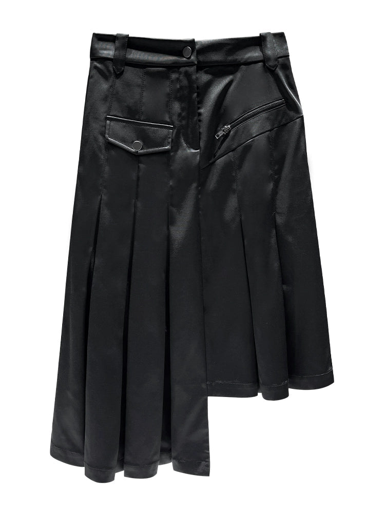 ANNAKIKI model black asymmetrical pleated skirt for women-CHIKAKO