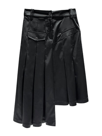ANNAKIKI model black asymmetrical pleated skirt for women-CHIKAKO