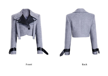 TINY IN leather stitched cropped women's wool jacket -DEKU