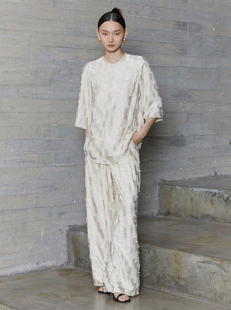 HECO jacquard loose thin wide-leg high waisted black pink apricot PANTS women - PURPOSE.