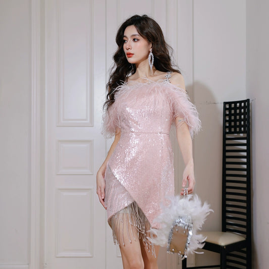 DOLLY Elegant Pink Sequin Sleeveless Feather Rhinestone Short Dress-BIMBO  (V)