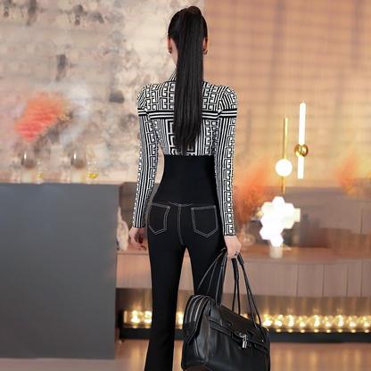 VJE Black and White Pattern Jacquard Turtleneck Top Sweater-LISDAY.